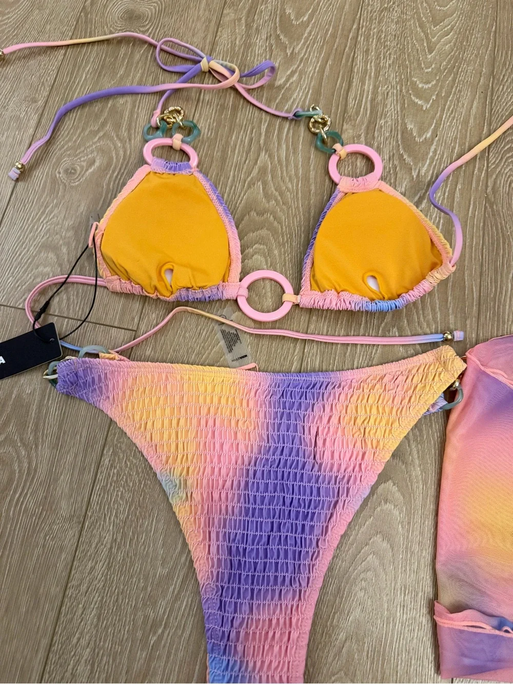 NWT Geneva Ombre Textured 3 Piece Triangle Bikini & Mesh Cover Up Mini Saron